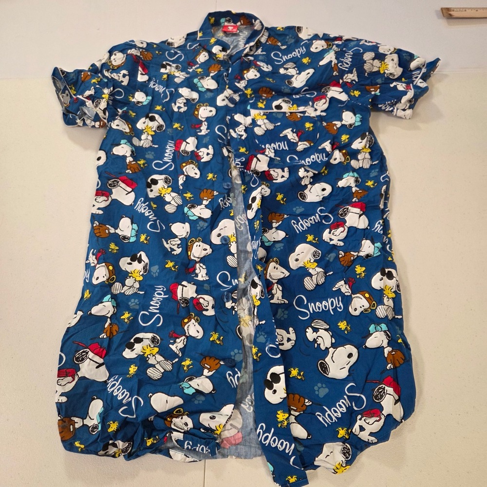 Peanuts Cool Planet Snoopy Woodstock Blue Button Up Nightshirt Sleep Dress F